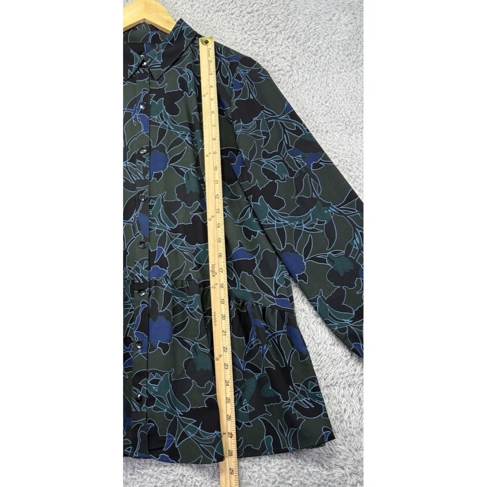 LOGO Lori Goldstein Womens XS Green Blue Print Blouse Button Front Peplum Top - Picture 6 of 10